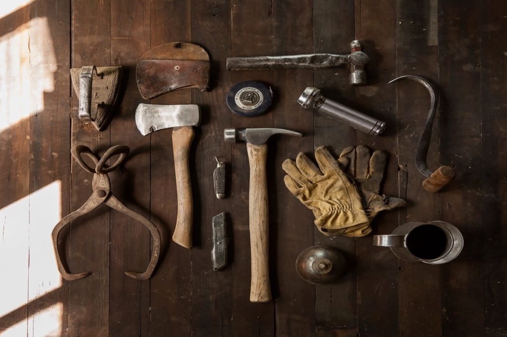 Home repair and maintenance tools, hammer, gloves, axe
